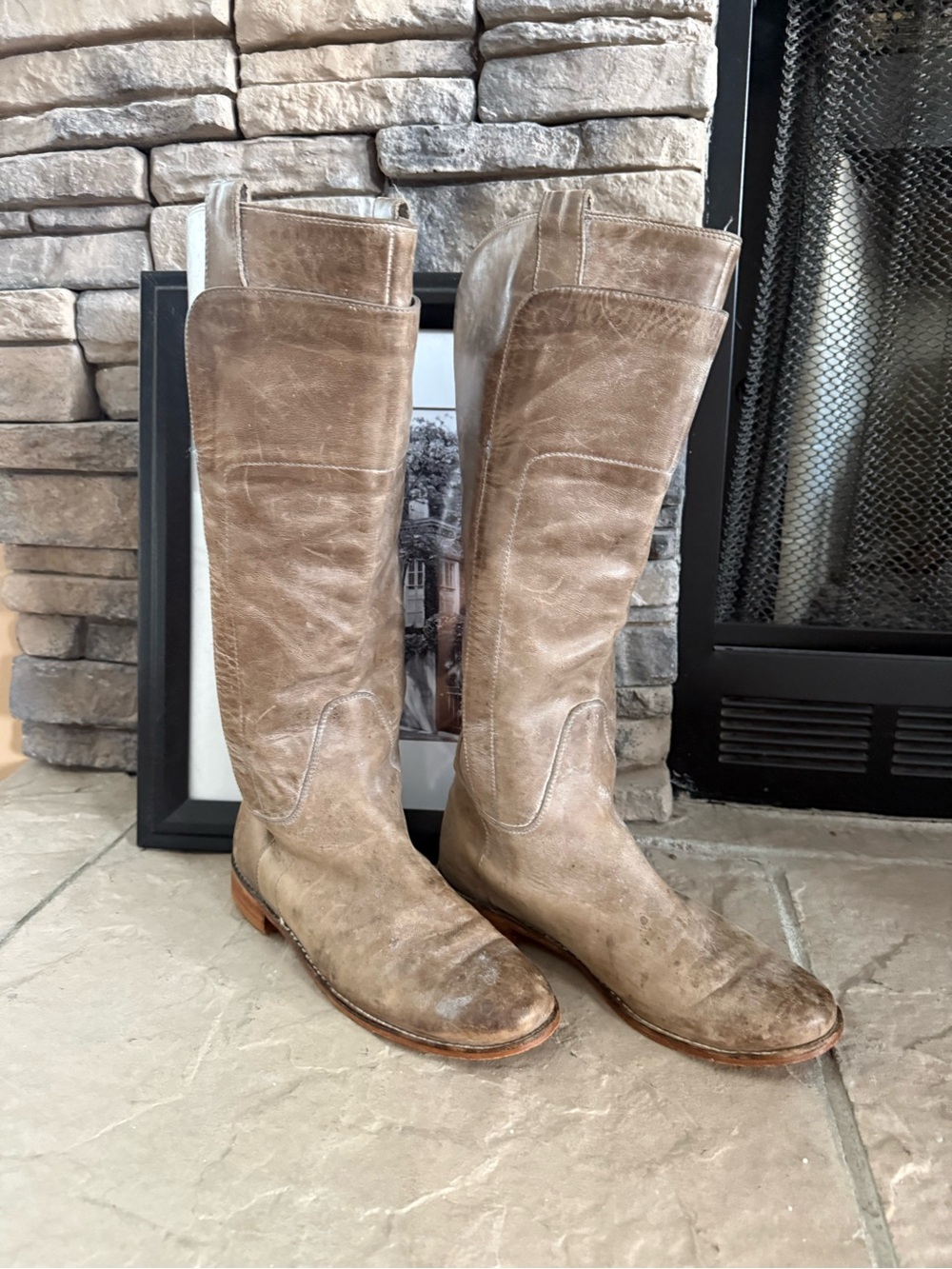 Frye Paige Tall Riding Boots Distressed Taupe Leather 8.5B Resoled